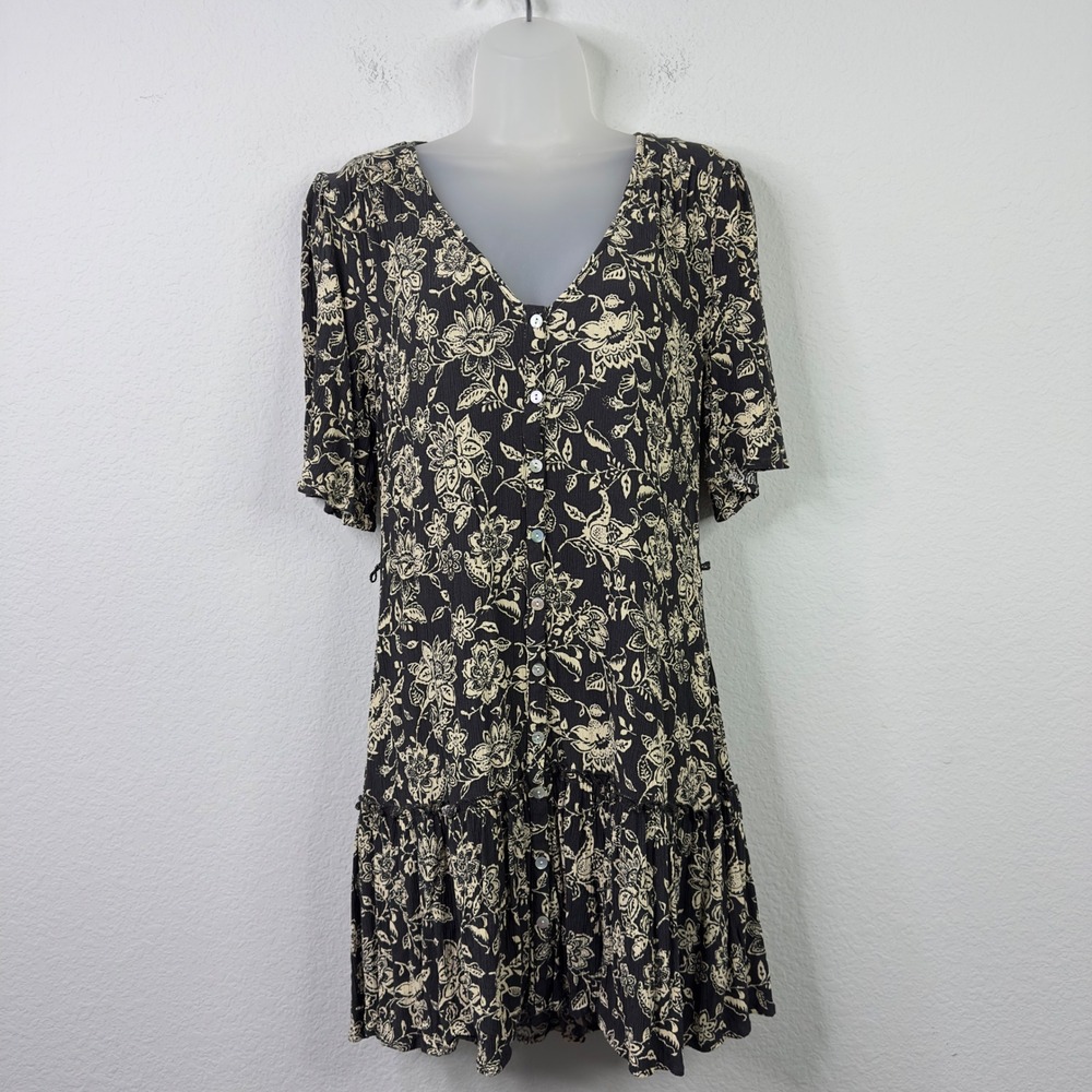 Faherty Dress Womens S Black Beige Ecoviscose Floral‎ Boho Romantic Whimsigoth